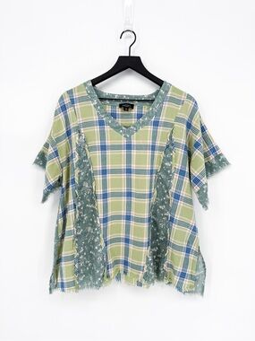 GIGIO Plaid Floral Mixed Media Raw Hem Top Cottagecore Boho Medium